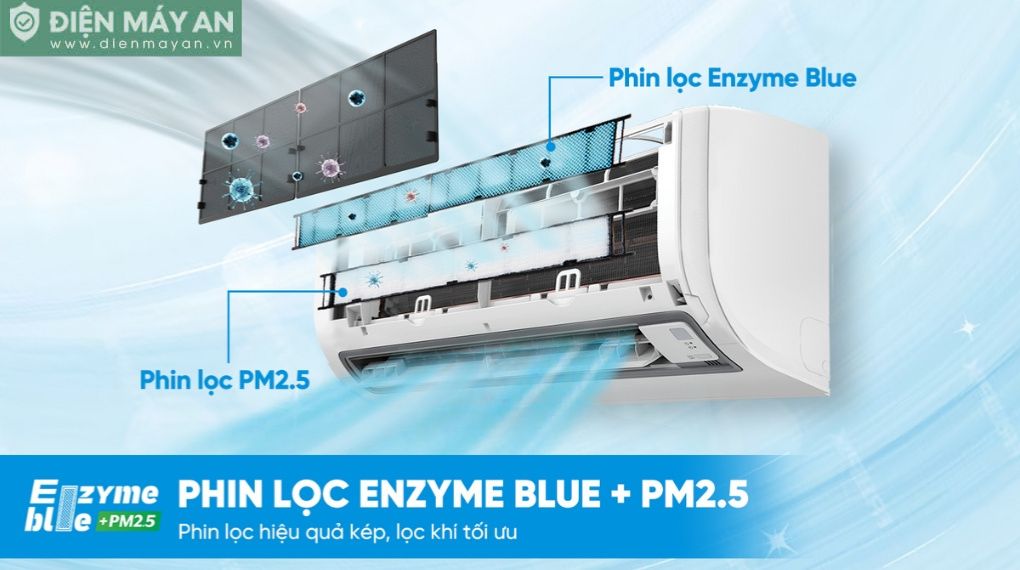Điều hòa không khí với phin lọc Enzyme Blue và phin lọc PM2.5 lọc sạch bụi mịn và vi khuẩn